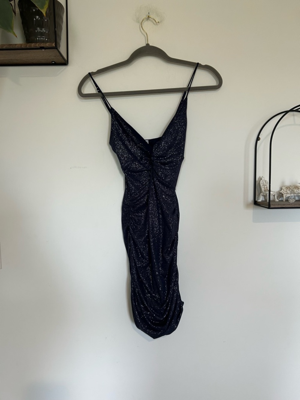 Lucy in the Sky Navy Blue Sparkly Ruched Bodycon Mini Dress Size XS